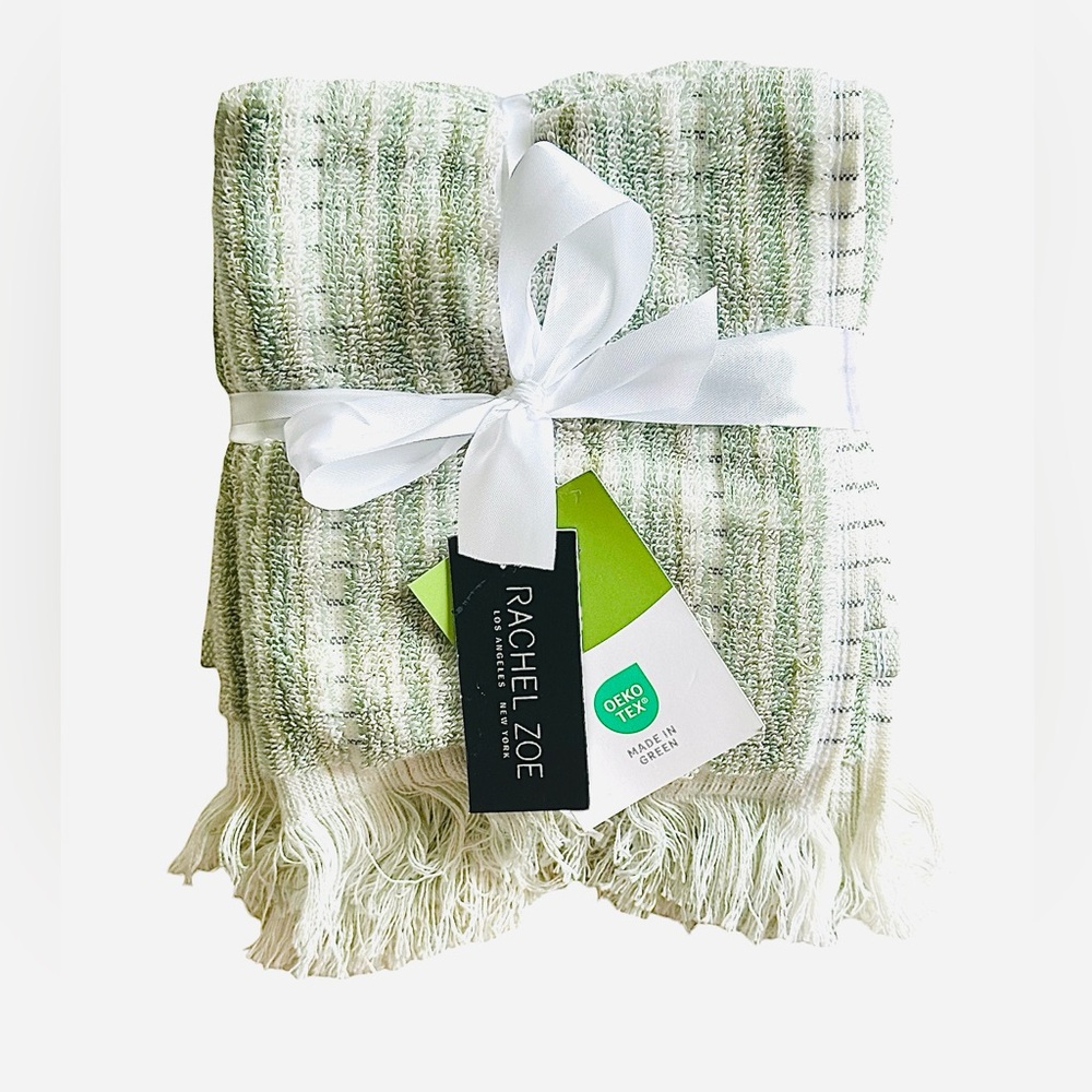 Rachel Zoe 4 Pc Washcloths Set  Light Green Stripes w/ Fringe  100% Cotton NEW